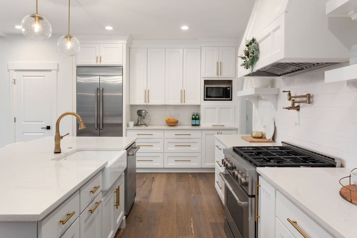 Stock Image of Kitchen Remodel with White Cabinets and Island