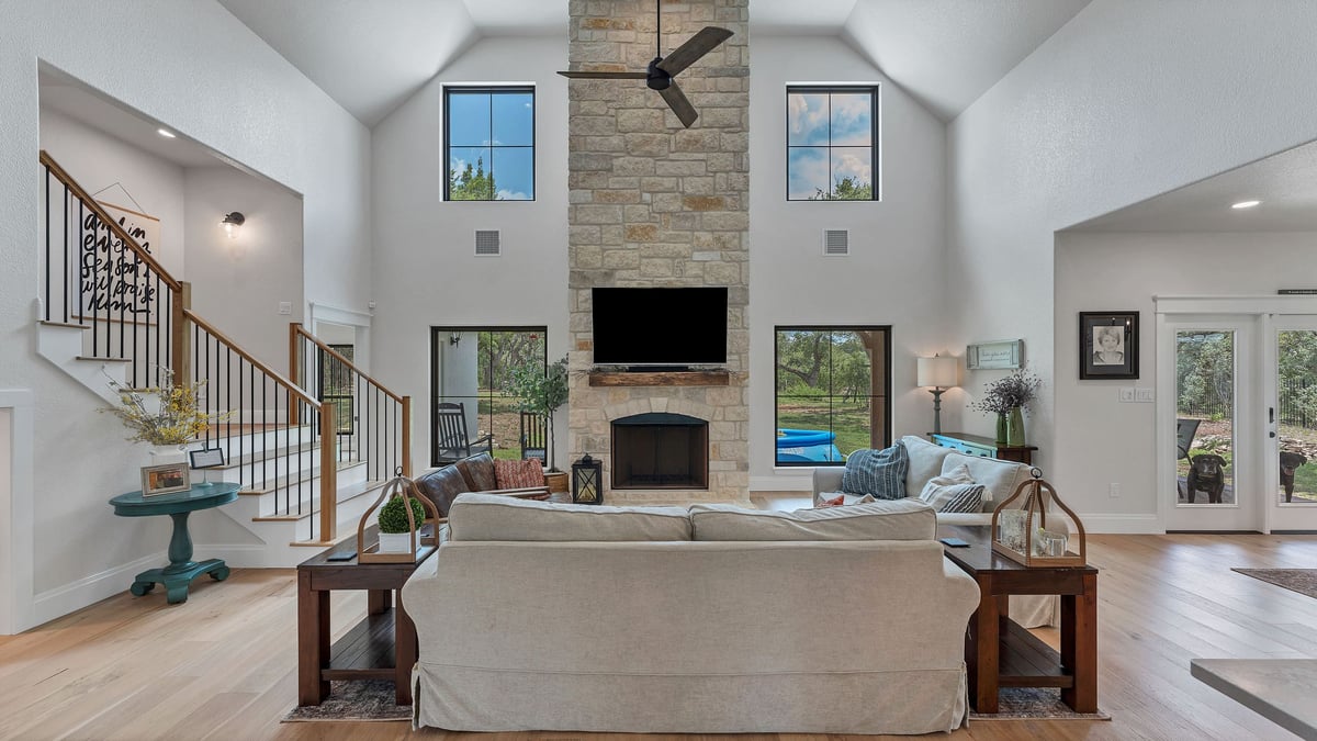 Large Fireplace in Two Story Living Room Renovation in San Antonio